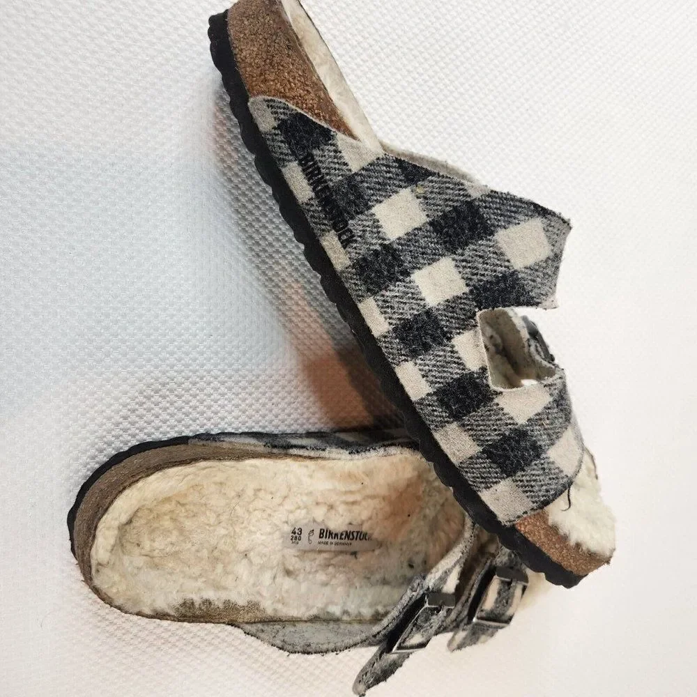 Birkenstock Mens Size 43 US 10 Arizona White Gray Shearling Plaid Natural Wool